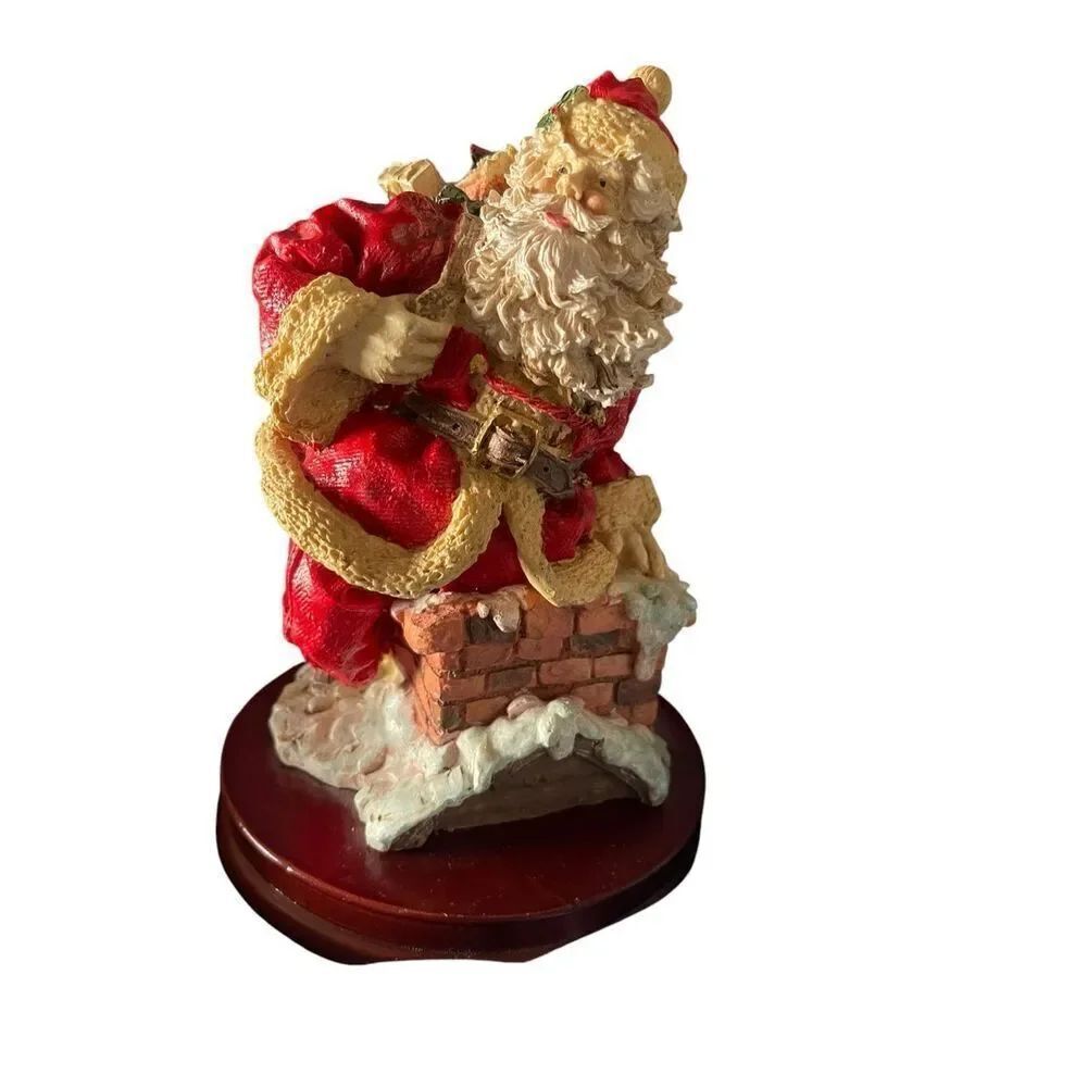 Vintage Christmas Santa Claus Figurine Going Down The Chimney on Wooden Base